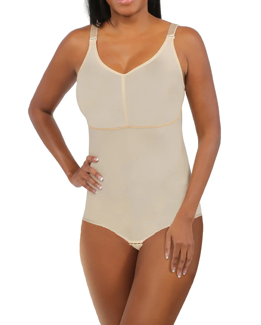 Front view of the Adriana 2 women's compression bodysuit in beige, showing the integrated compression bra and smooth pull-on design for second-stage recovery.