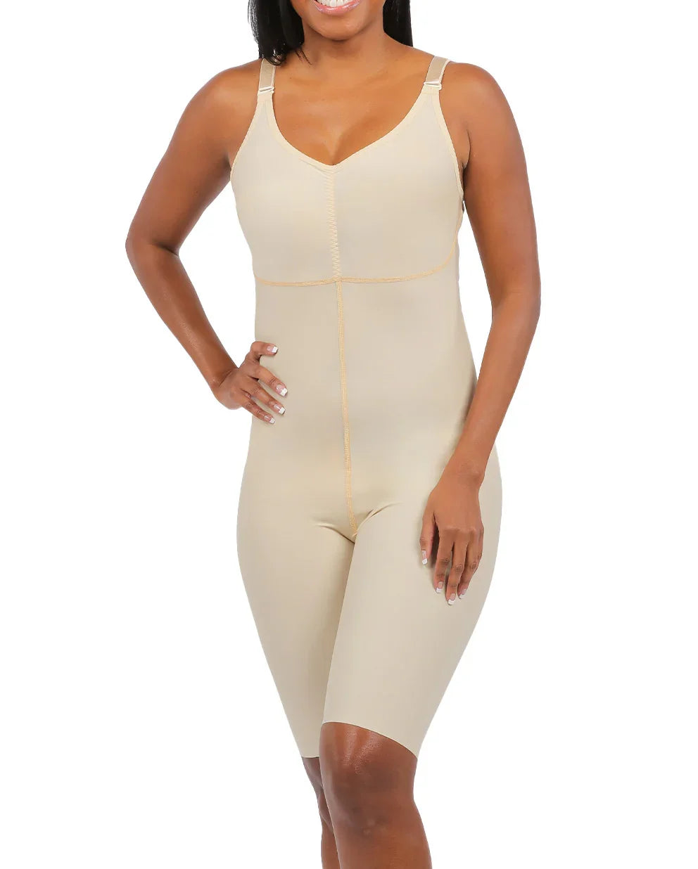 Front view of the Antonella 2 compression bodysuit in beige, showing the integrated bust support and smooth mid-thigh coverage for recovery.