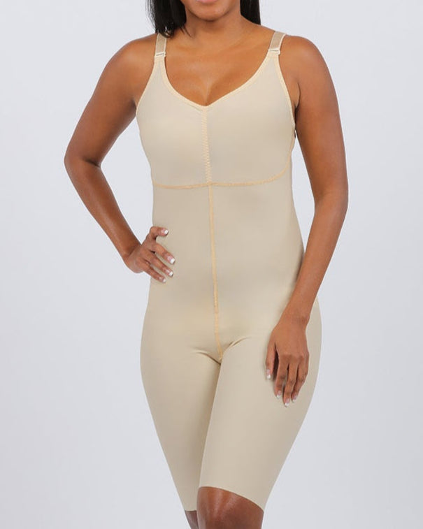 front view of woman wearing beige compression bodysuit
