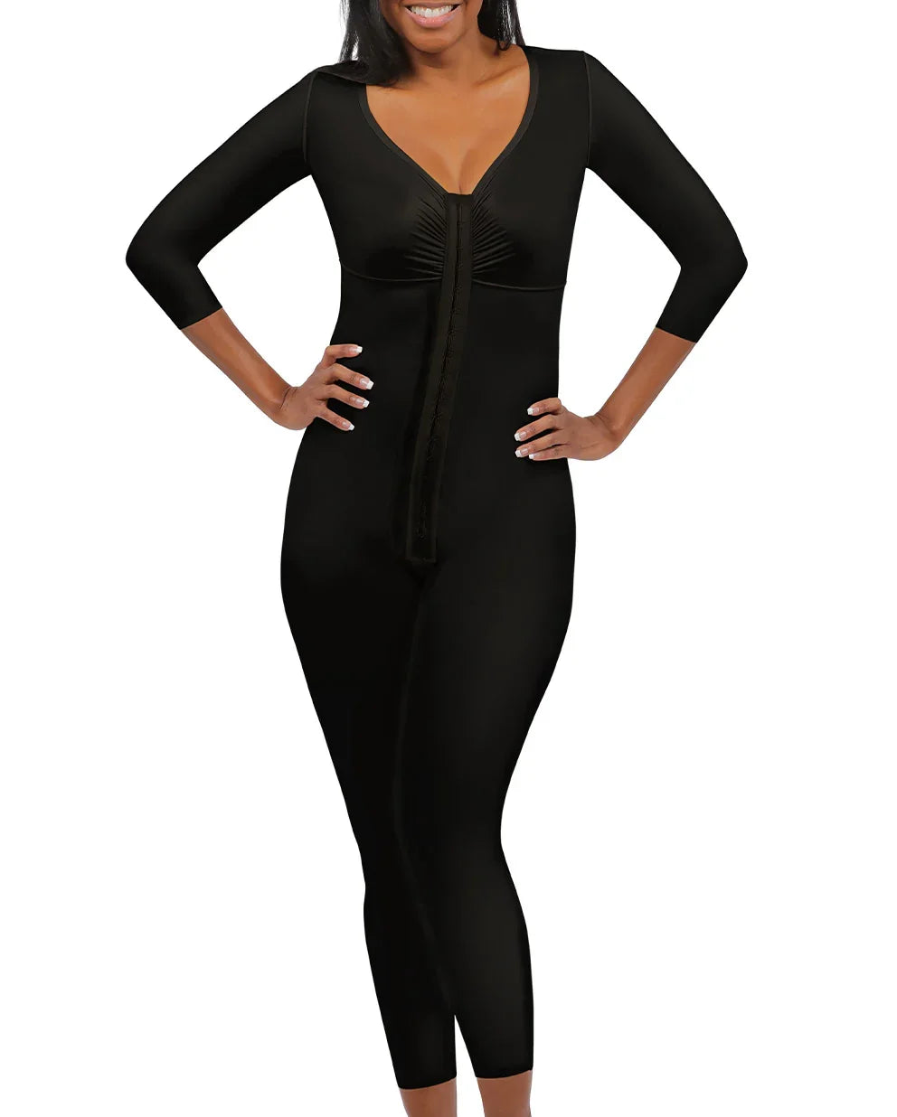 Front view of the Angelica 1 women's full bodysuit in black, featuring the integrated surgical bra, front closure, and below-the-elbow sleeves.