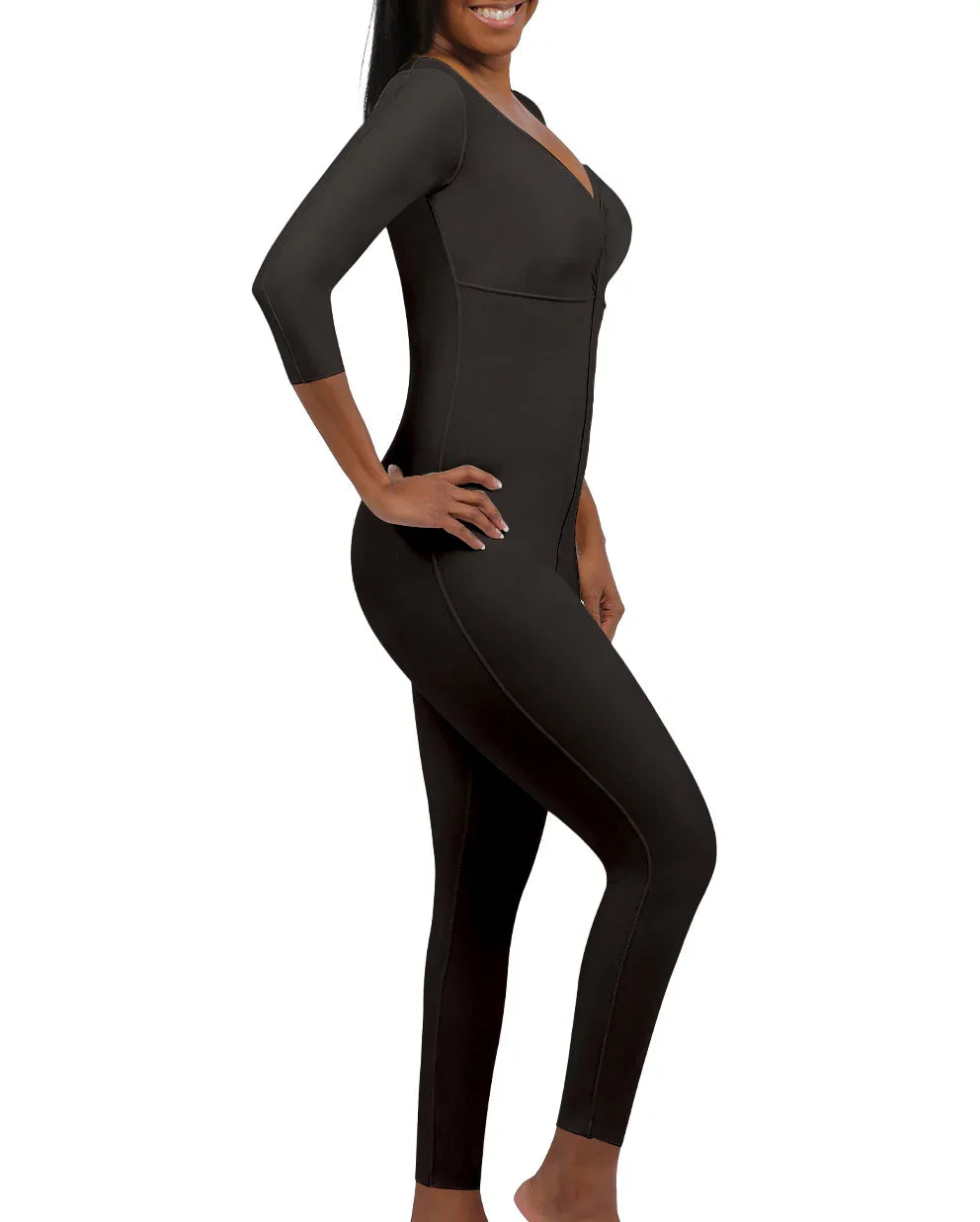 Side profile of the Angelica 1 full body compression suit, highlighting the ankle-length coverage and anatomical fit for first-stage recovery.