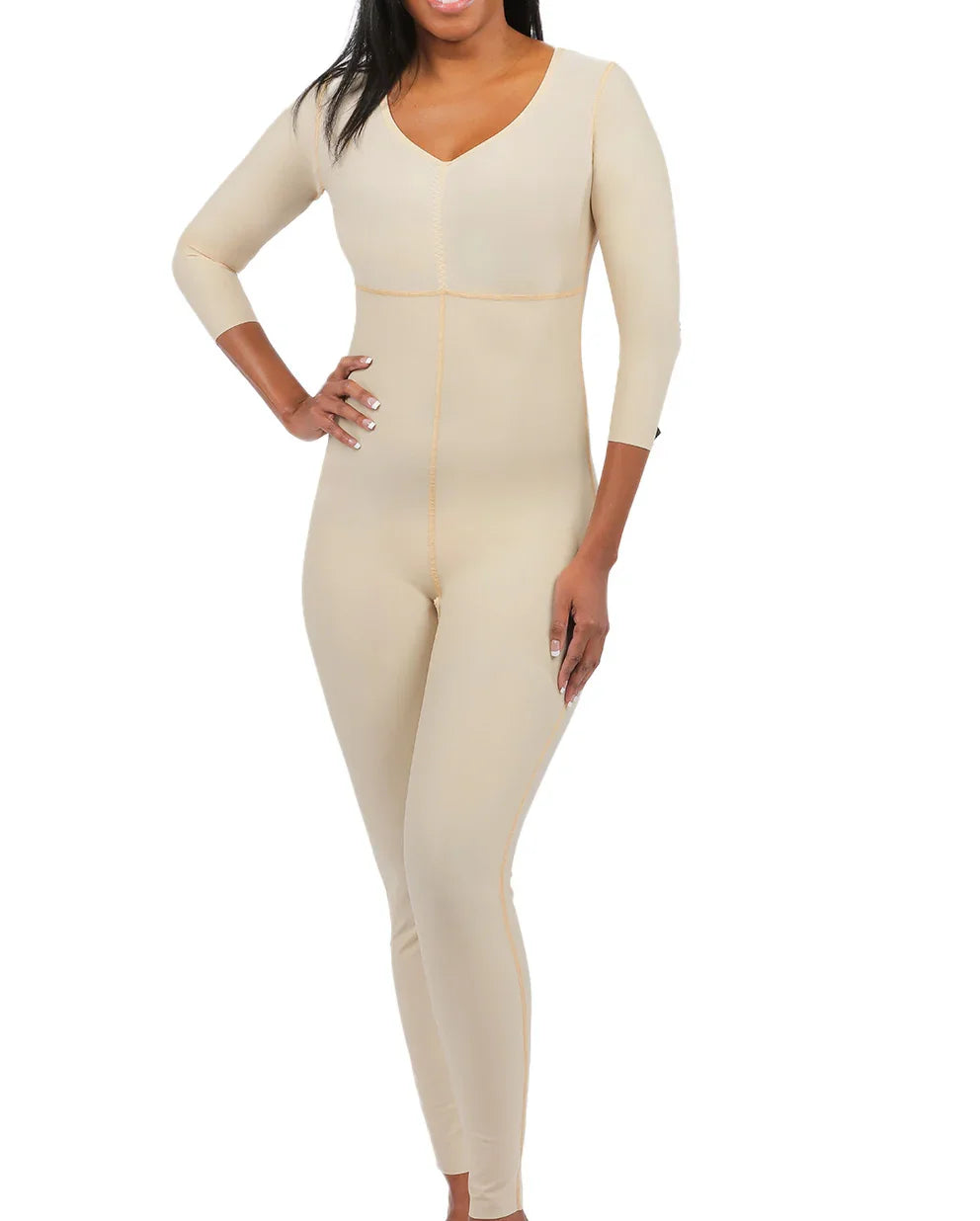 Front view of the Angelica 2 compression bodysuit in beige, showing the ankle-length coverage and below-the-elbow sleeves for full-body support.