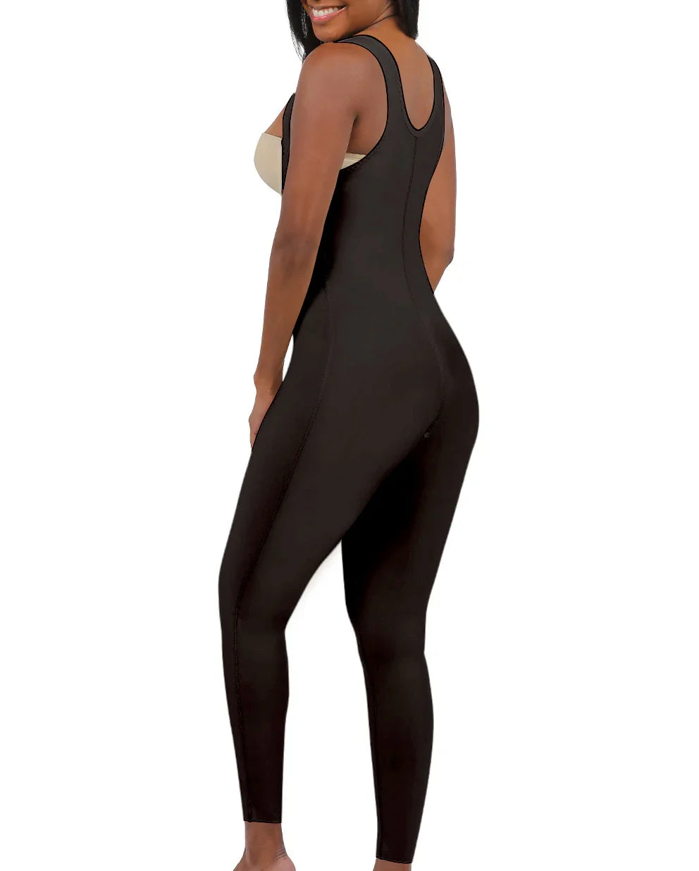 Rear view of the Allegra 1 bodysuit, showcasing the high-back design and medical-grade flat-seamed fabric for essential post-op stability.