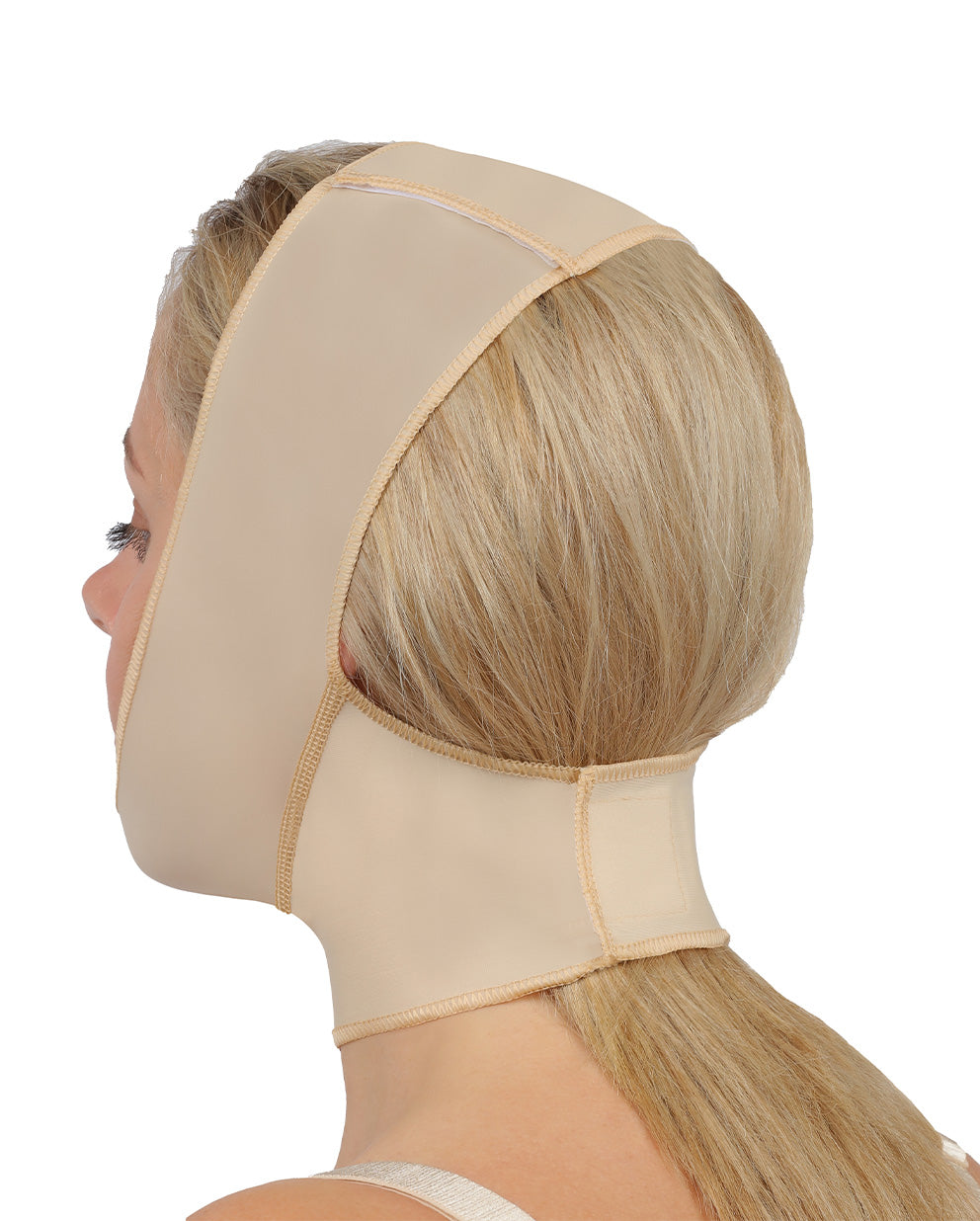 Back view of woman wearing beige facial compression garment