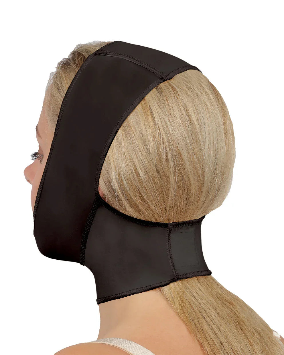 Detailed close up of the Mento facial garment, highlighting the breathable medical-grade fabric designed for post-operative neck and chin support.