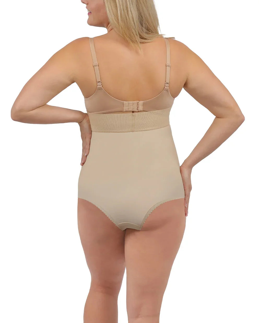 Rear view of the Gianna 2 compression panty, showcasing the high-waist fit and seamless appearance under clothing for daily post-op support.