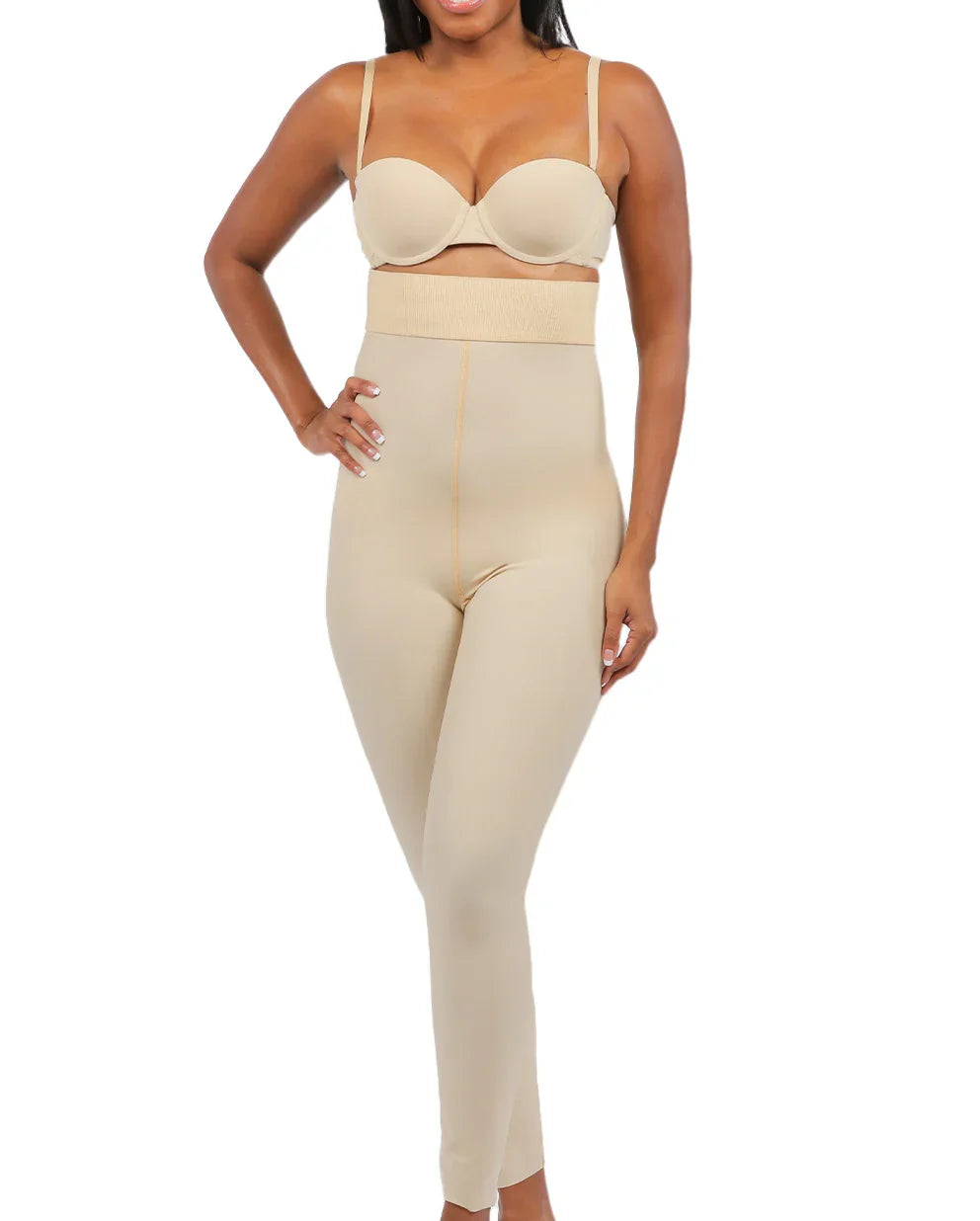 Front view of the Giorgia 2 high-waist girdle in beige, showcasing the smooth abdominal compression and ankle-length design for second-stage recovery.
