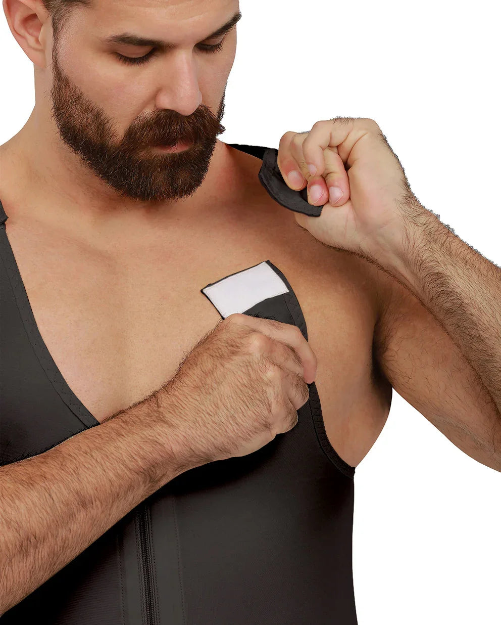 Detailed view of Velcro strap on Antonio 1 male bodysuit in black.