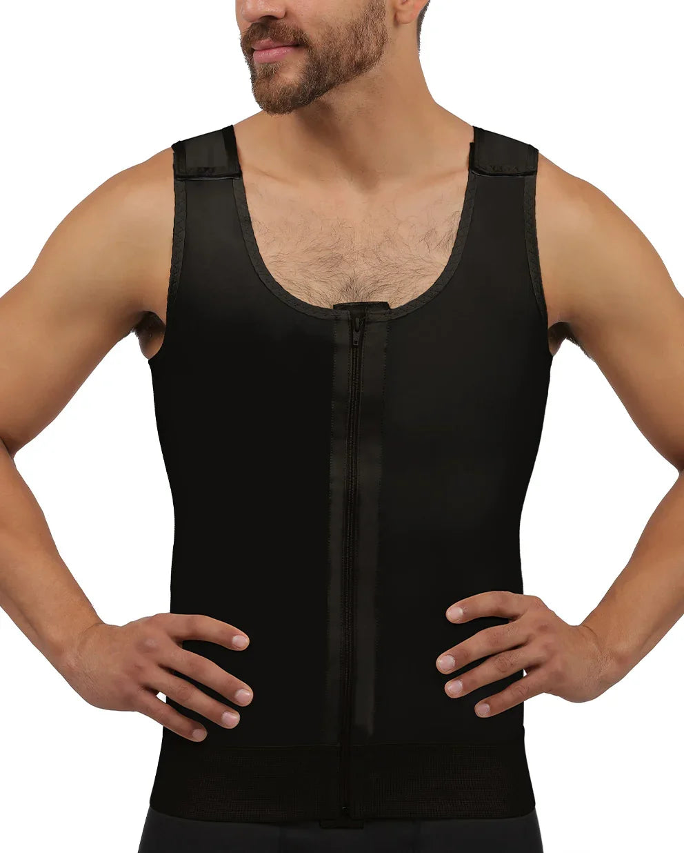 Front view of the Carlo 1 male compression vest in black, showcasing the padded zipper closure and adjustable shoulder straps for first-stage recovery.
