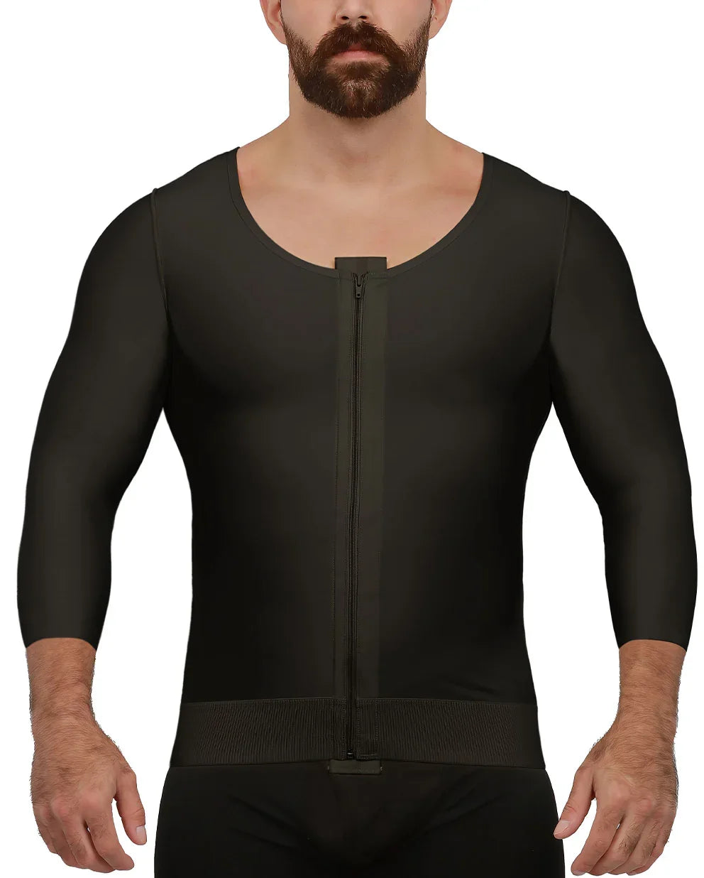 Front view of the Carmelo 1 male compression vest in black, showing the padded zipper closure and medium-length sleeves for first-stage recovery.