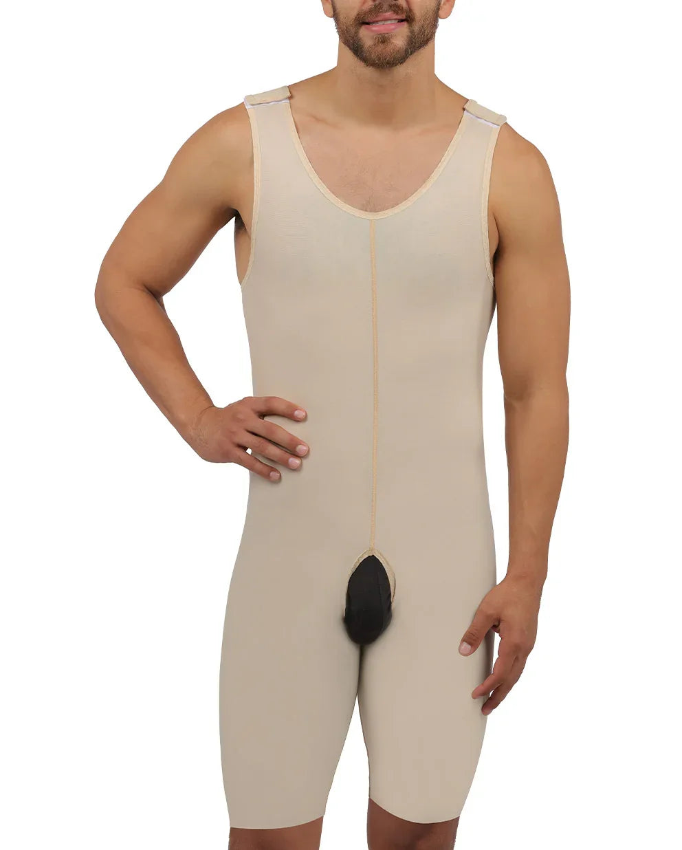 Front view of the Antonio 2 male mid-thigh compression bodysuit in beige, showing the sleeveless design and adjustable shoulder straps.
