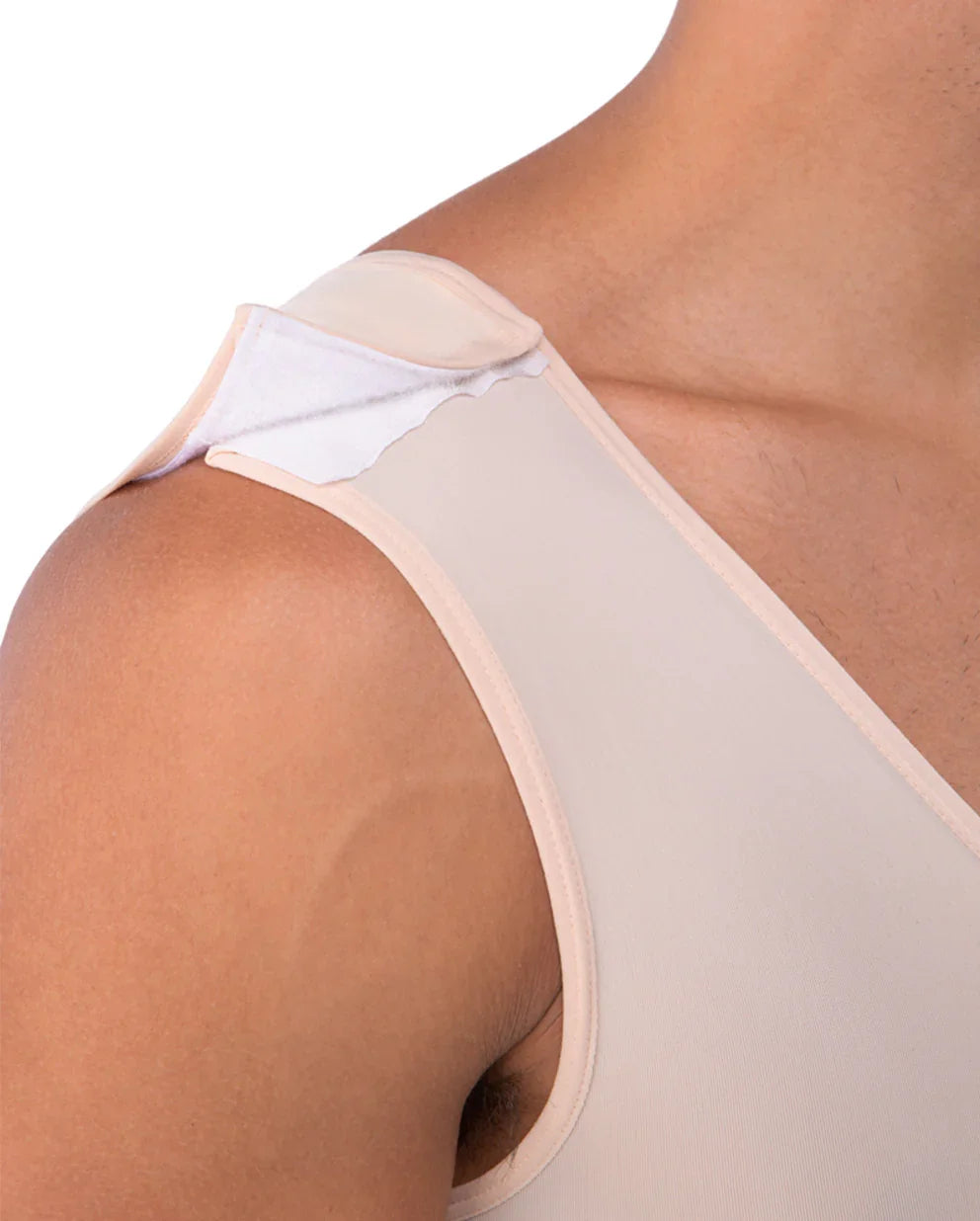 Close-up detail of the adjustable Velcro shoulder strap on the Antonio 2 bodysuit, allowing for a customized and secure medical-grade fit.