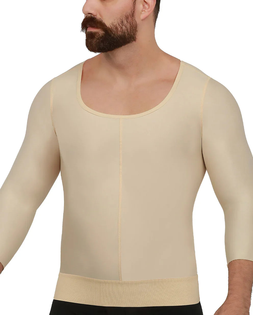 Front view of the Carmelo 2 male compression vest in beige, showing the medium-length sleeves and pull-on design for second-stage recovery.