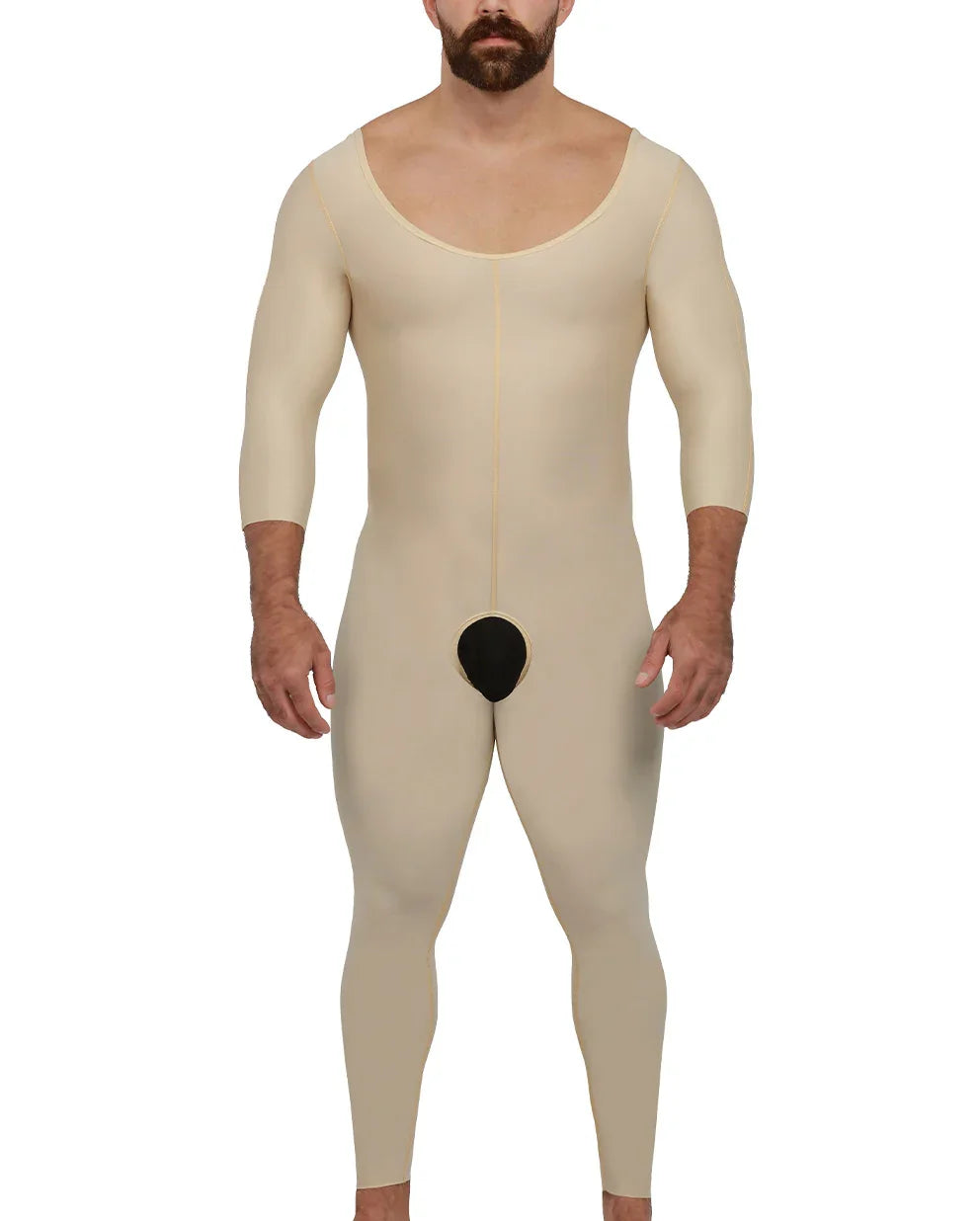 Frontal view of the Alberto 2 male compression bodysuit in beige, showing the full-length sleeves and ankle-length design for total body support.