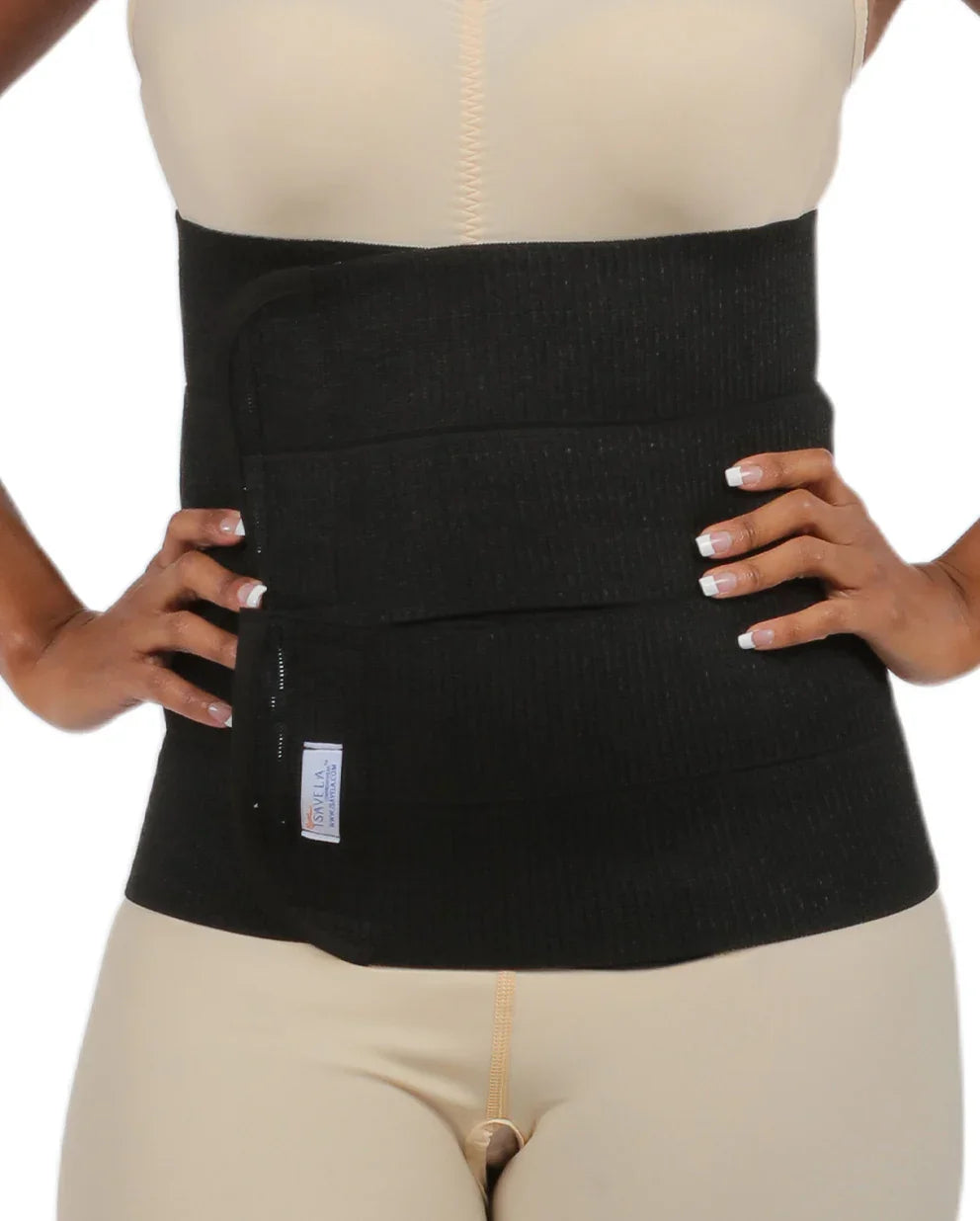 Front view of a woman wearing the Vita 12-inch abdominal binder in black, showing the secure split-panel VELCRO® closures for customizable compression.