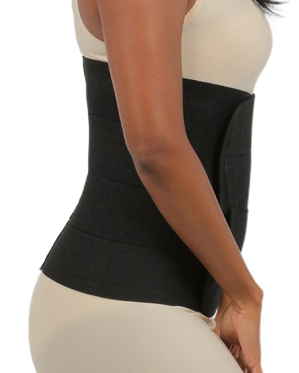 Side profile of the Vita binder, highlighting the anti-roll woven elastic and flat-seamed construction designed for shorter torsos.