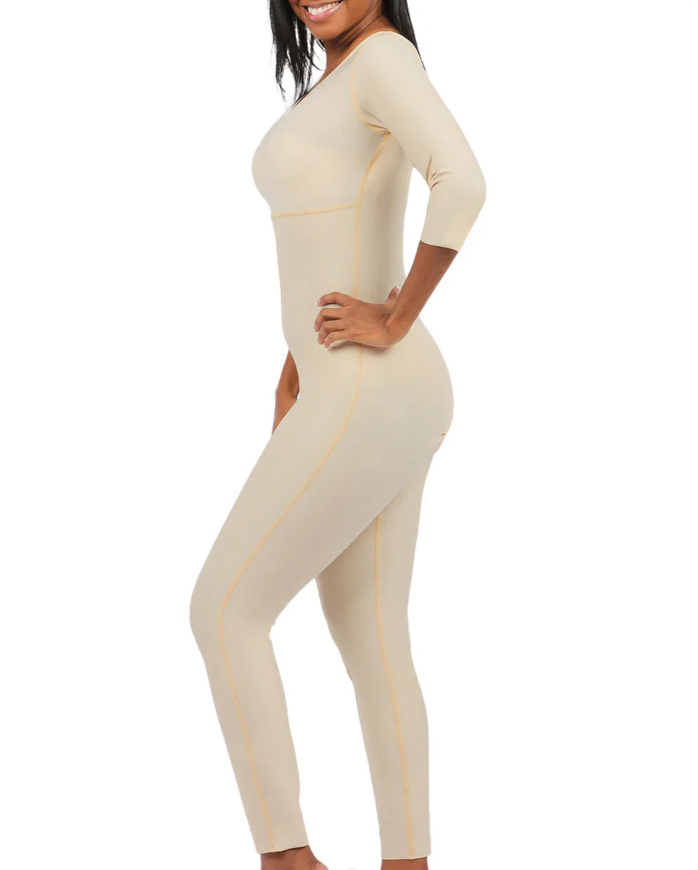 Side profile of the Angelica 2 second-stage bodysuit, highlighting the smooth pull-on design and anatomical fit for post-op recovery.