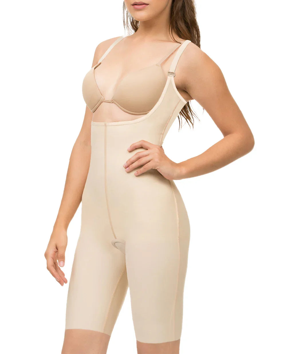 Front view of the Anna 2 mid-thigh bodysuit in beige, showing the smooth abdominal compression and adjustable straps for second-stage recovery.