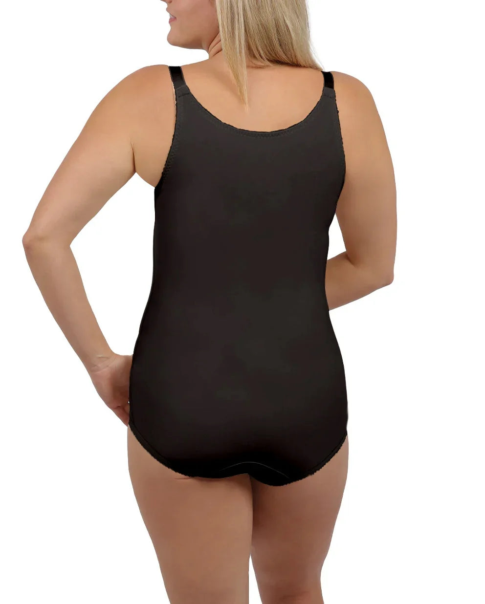 Rear view of the Adriana 1 bodysuit, highlighting the high-back design and flat-seamed fabric that provides extra support and comfort during healing.