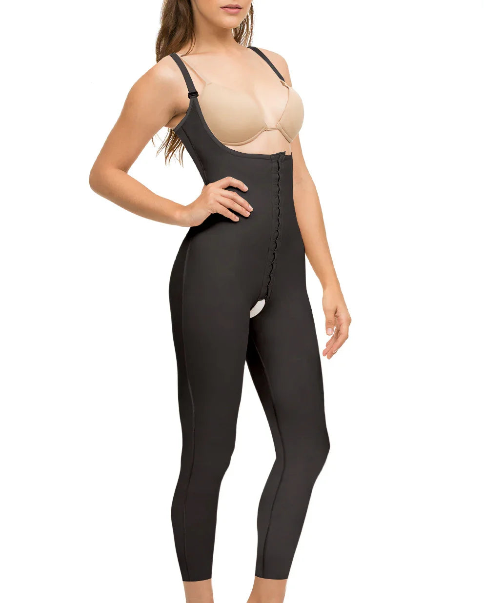 Front view of the Allegra 1 women's compression bodysuit in black, featuring the 3-position hook-and-eye closure and ankle-length support.