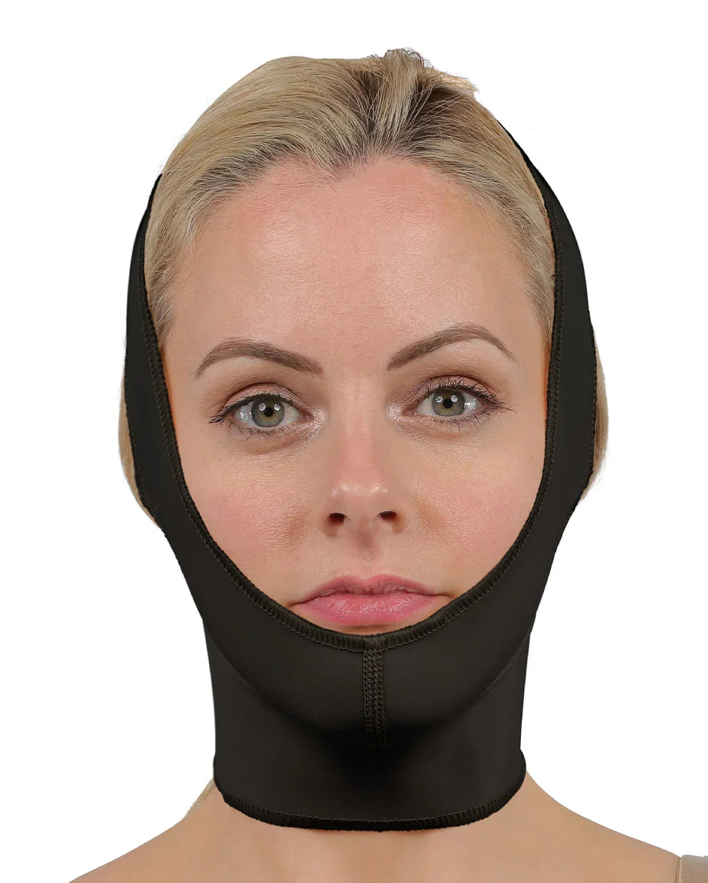 Front view of the Mento chin strap in black, showing the facial compression garment with its secure VELCRO closure and integrated chin cup.