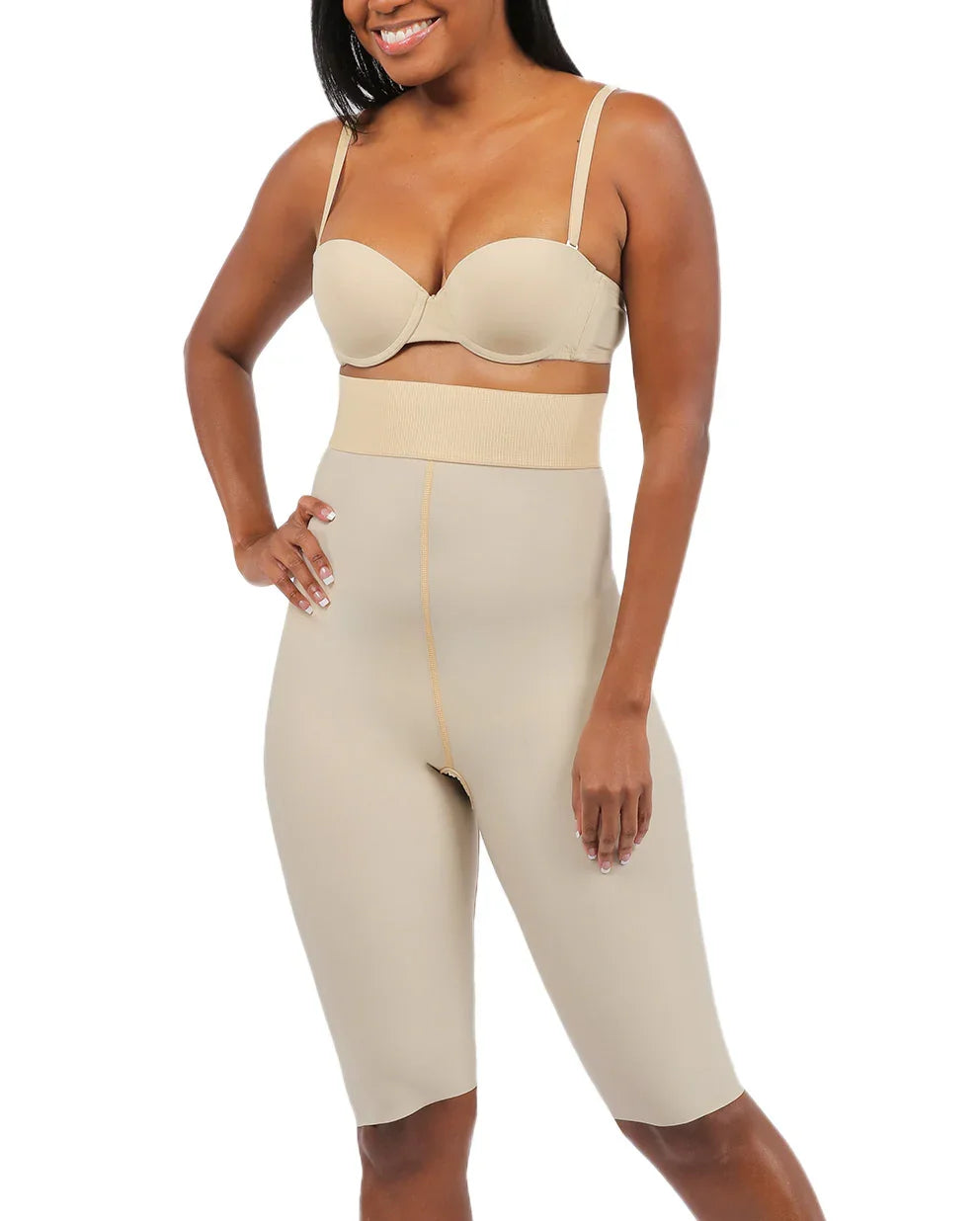 Front view of the Gisella 2 high-waist girdle in beige, showing the smooth abdominal support and mid-thigh length for second-stage recovery.