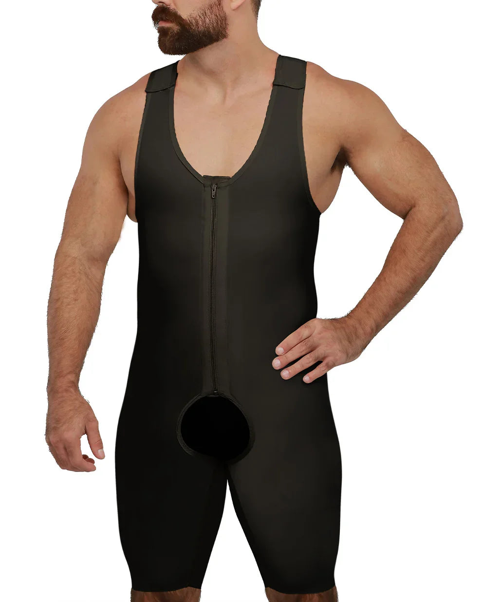 Front view of the Antonio 1 male compression bodysuit in black, showcasing the front padded zipper and adjustable shoulder straps for post-op support.