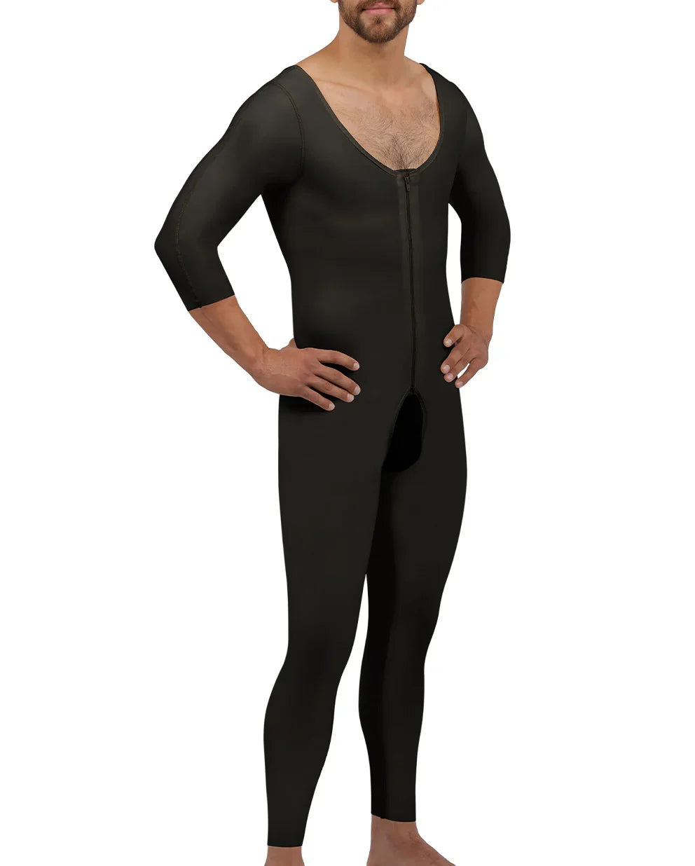 Frontal view of the Alberto 1 male compression bodysuit in black, showing the front padded zipper and full-coverage sleeves for first-stage recovery.