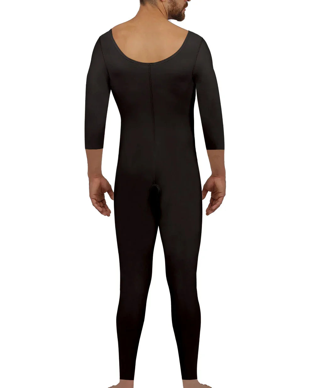 Rear view of the Alberto 1 bodysuit, highlighting the extensive back support and flat-seamed medical fabric designed for post-op comfort.