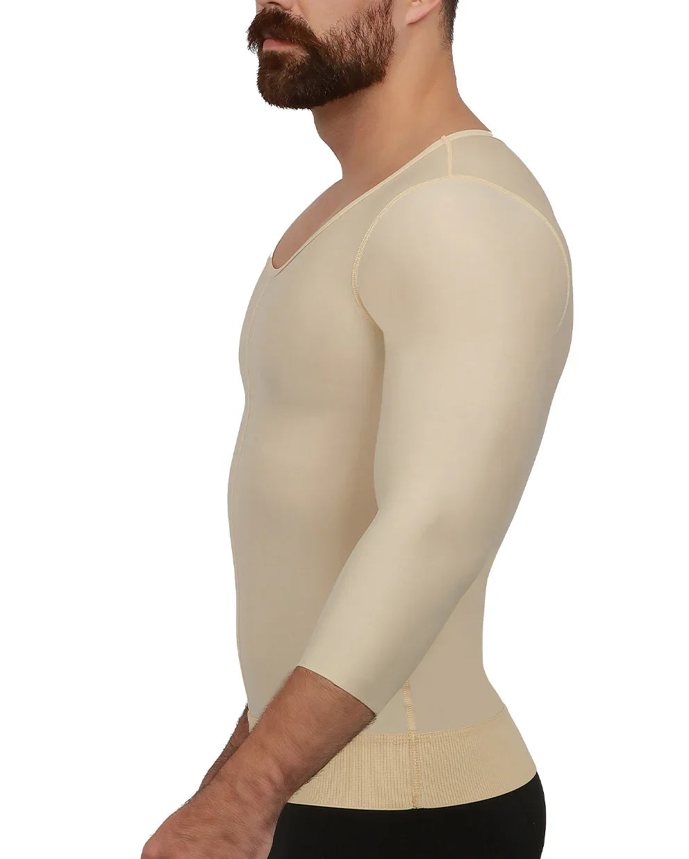 Side profile of the Carmelo 2 shirt, highlighting the flat-seamed medical fabric and below-the-elbow compression for arm and chest support.