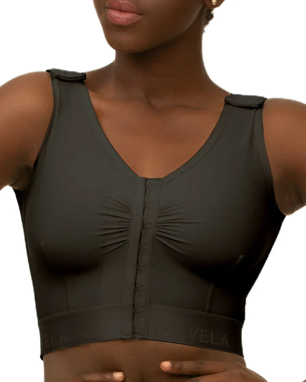 Front view of the Bianca breast surgery support bra in black, featuring targeted compression and adjustable shoulder straps for a secure post-op fit.